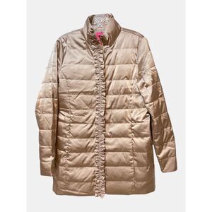 Lilly Pulitzer Doria Down Puffer Jacket Gold Metallic Ruffle Downlite NWT Size 2